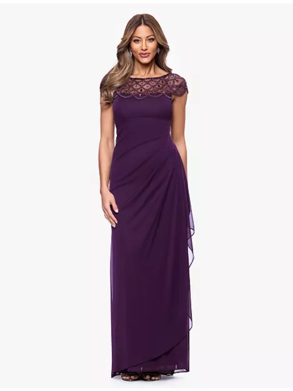 Xscape Ruched built in cups wine formal heavy Beaded Short Sleeve Gown - Sz 4